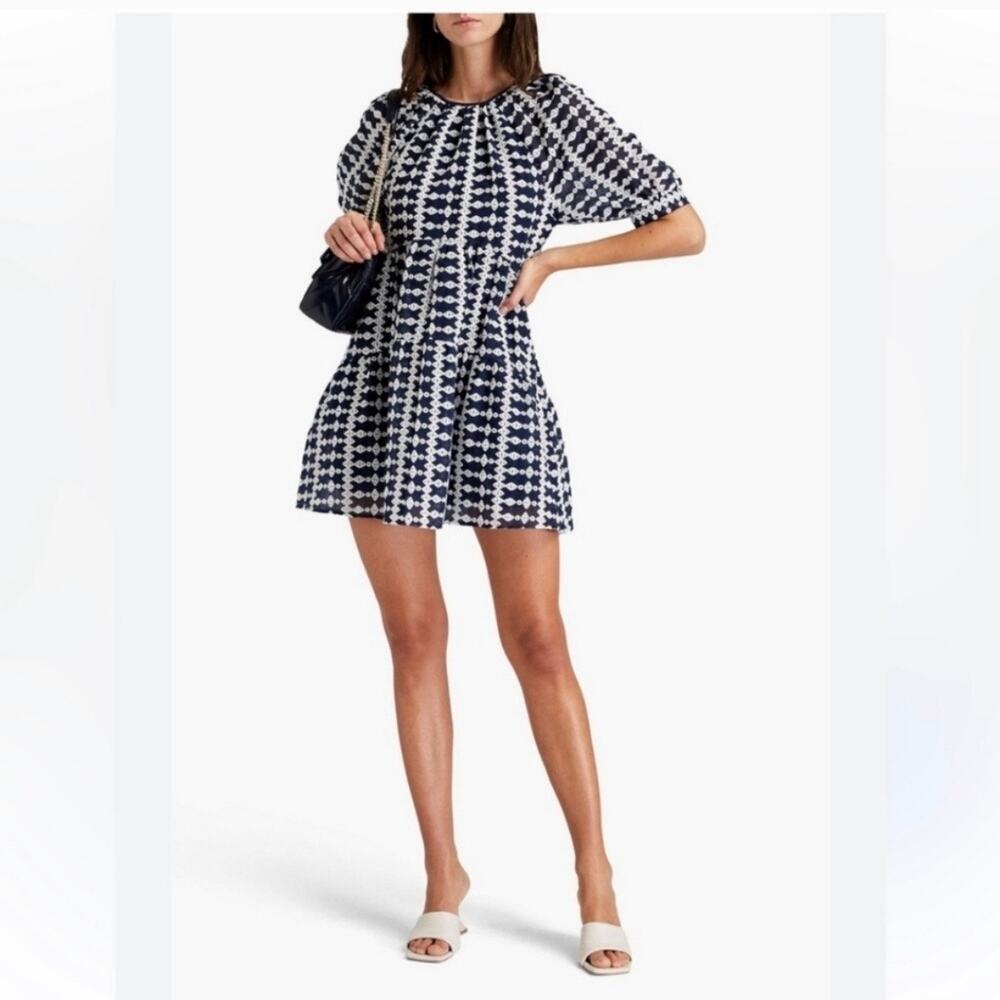Maje Ridol Navy & White Embroidered Open Back Mini Dress - size 34 (US XS)